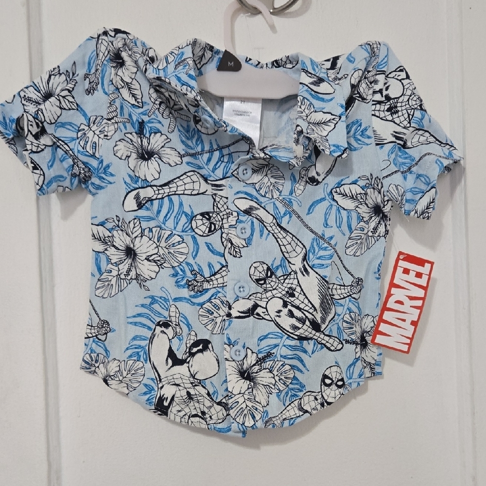 Marvel Blue and Black Button Down Shirt with Cartoon Print